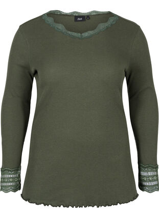 Long-sleeved ribbed blouse with lace details, Thyme, Packshot image number 0