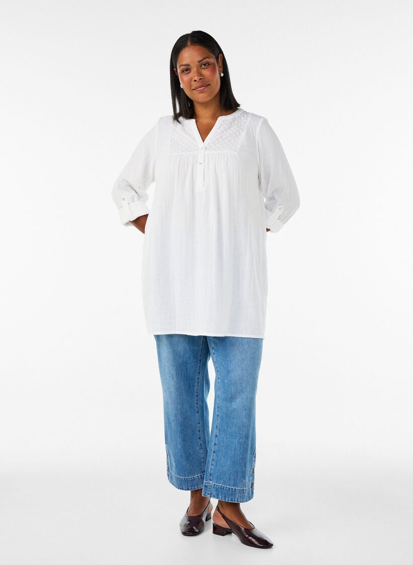 Cotton muslin tunic with broderie anglaise, White, Model image number 1
