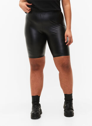 Shiny tight-fitting high-waisted shorts, Black, Model image number 2
