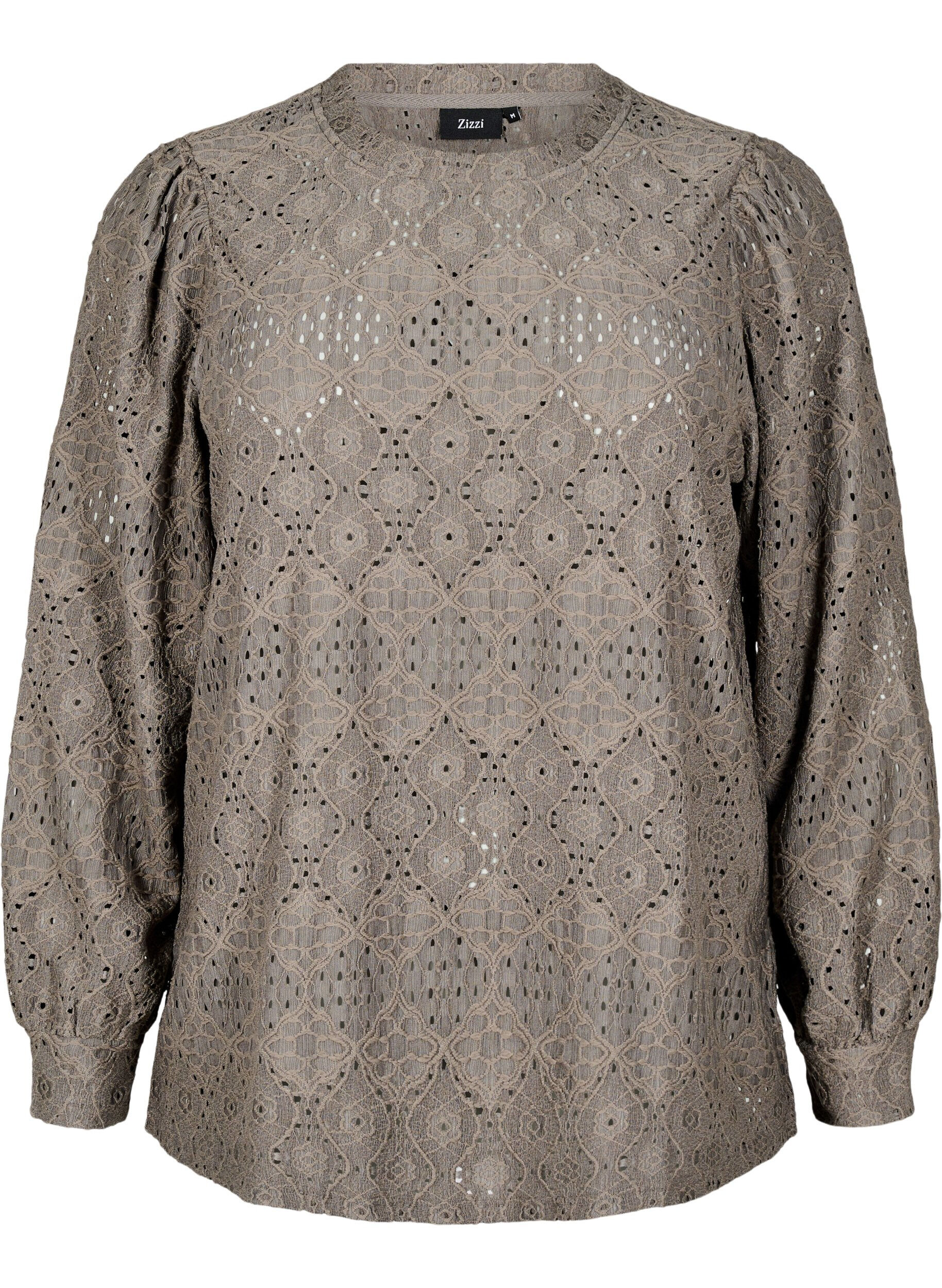Zizzifashion Long-sleeved blouse with an openwork pattern, Brown, Packshot image number 0