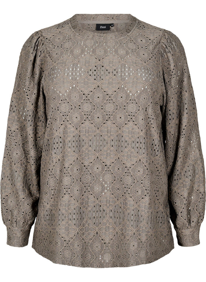 Long-sleeved blouse with an openwork pattern, Brown, Packshot image number 0