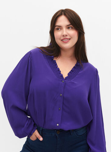 Long-sleeved shirt blouse in viscose, Heliotrope, Model image number 2