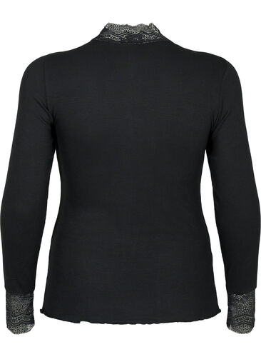Ribbed viscose blouse with lace, Black, Packshot image number 1