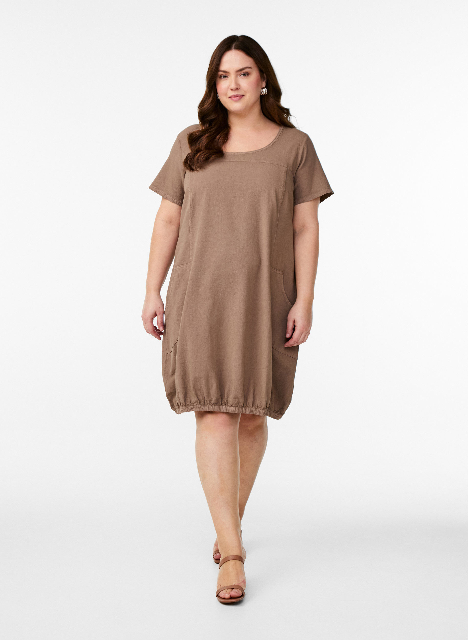 ZizzifashionShort sleeve cotton dress, Brown, Model image number 1