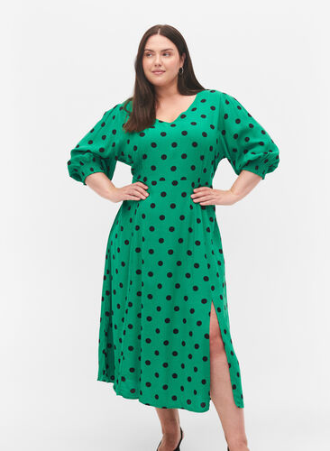 Polka dot viscose midi dress, Jolly Green Dot AOP, Model image number 0