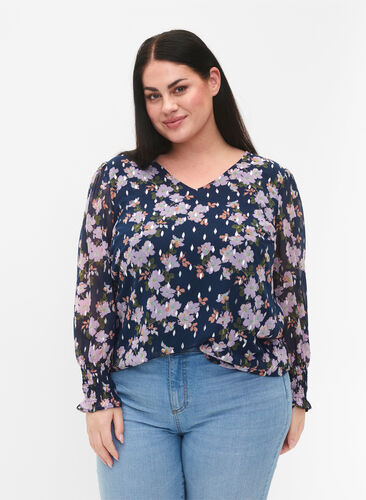 Floral blouse with long sleeves and v neck, Blue Small Fl. AOP, Model image number 0