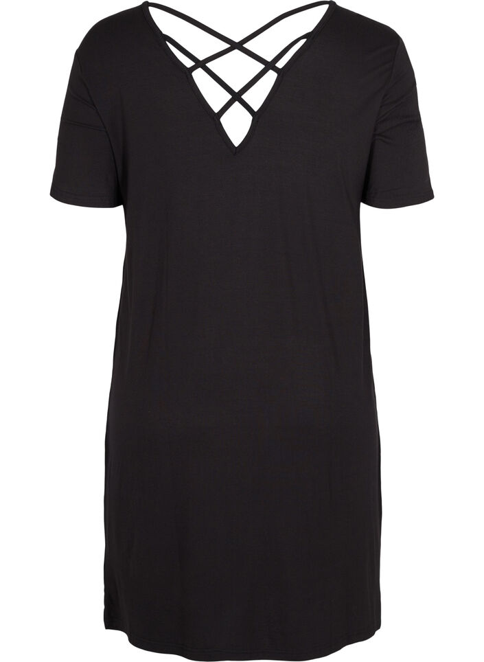 Short sleeve viscose nightgown with back detail, Black, Packshot image number 1