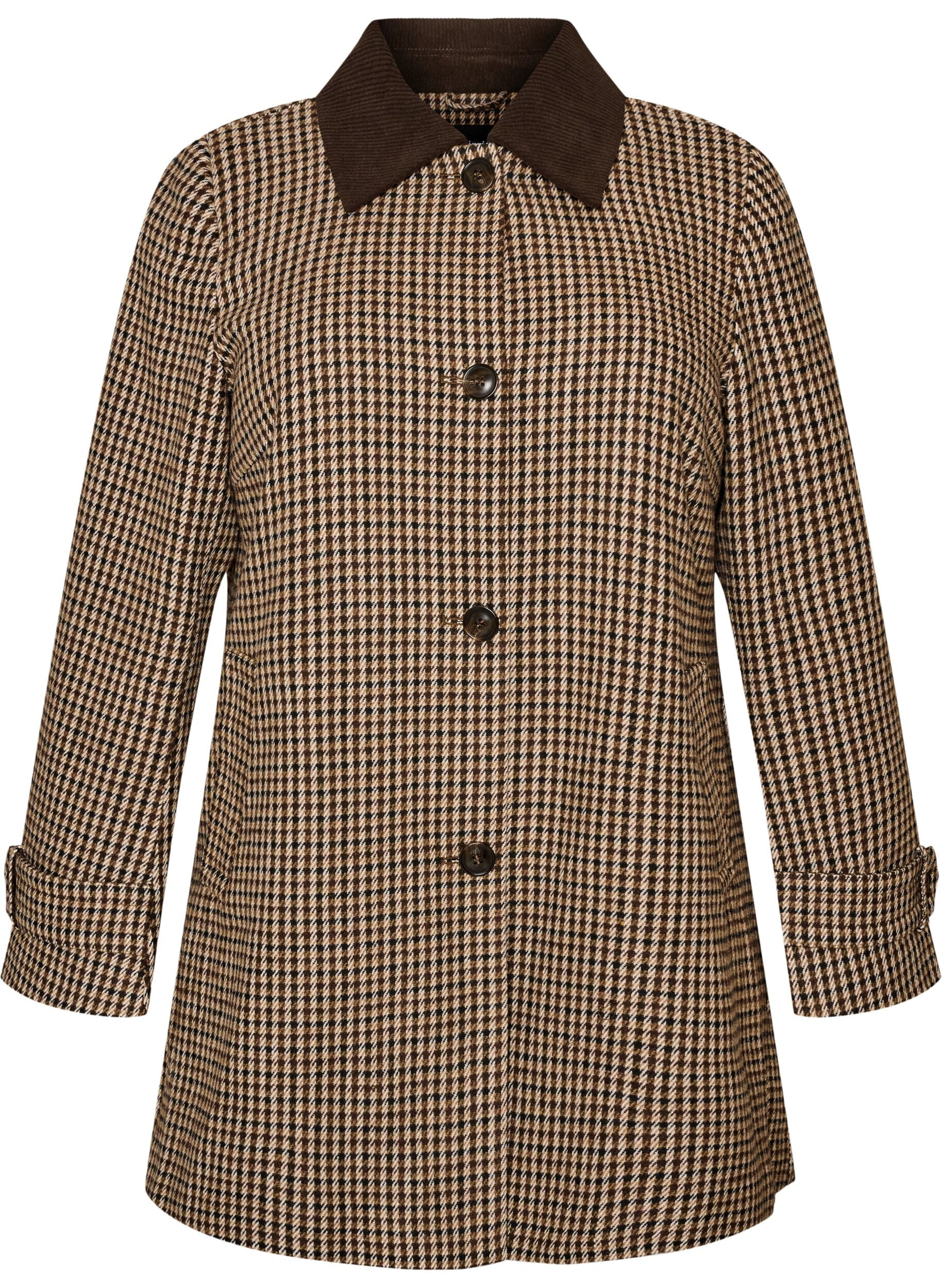 Checked coat with corduroy collar
