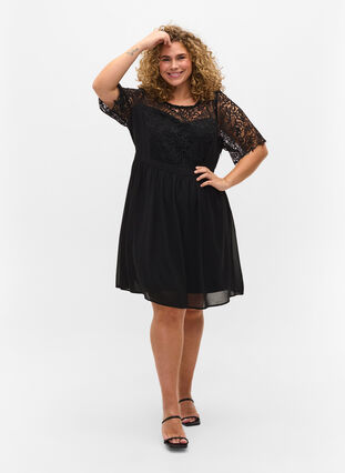Short Sleeve dress with a lace top, Black, Model image number 2