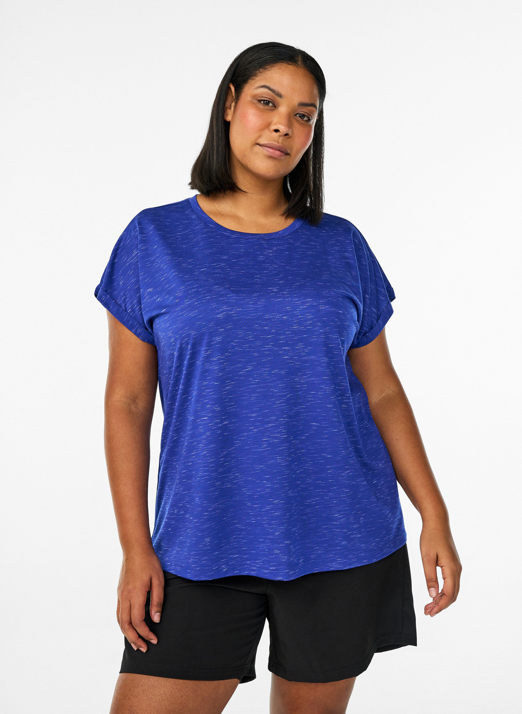 Loose workout t-shirt with short sleeves, Purple, Model