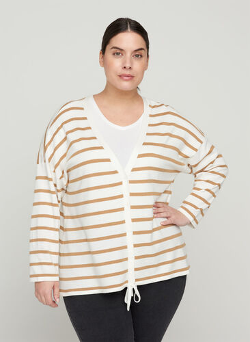 Striped knitted cardigan with buttons, Cloud Dancer, Model image number 0