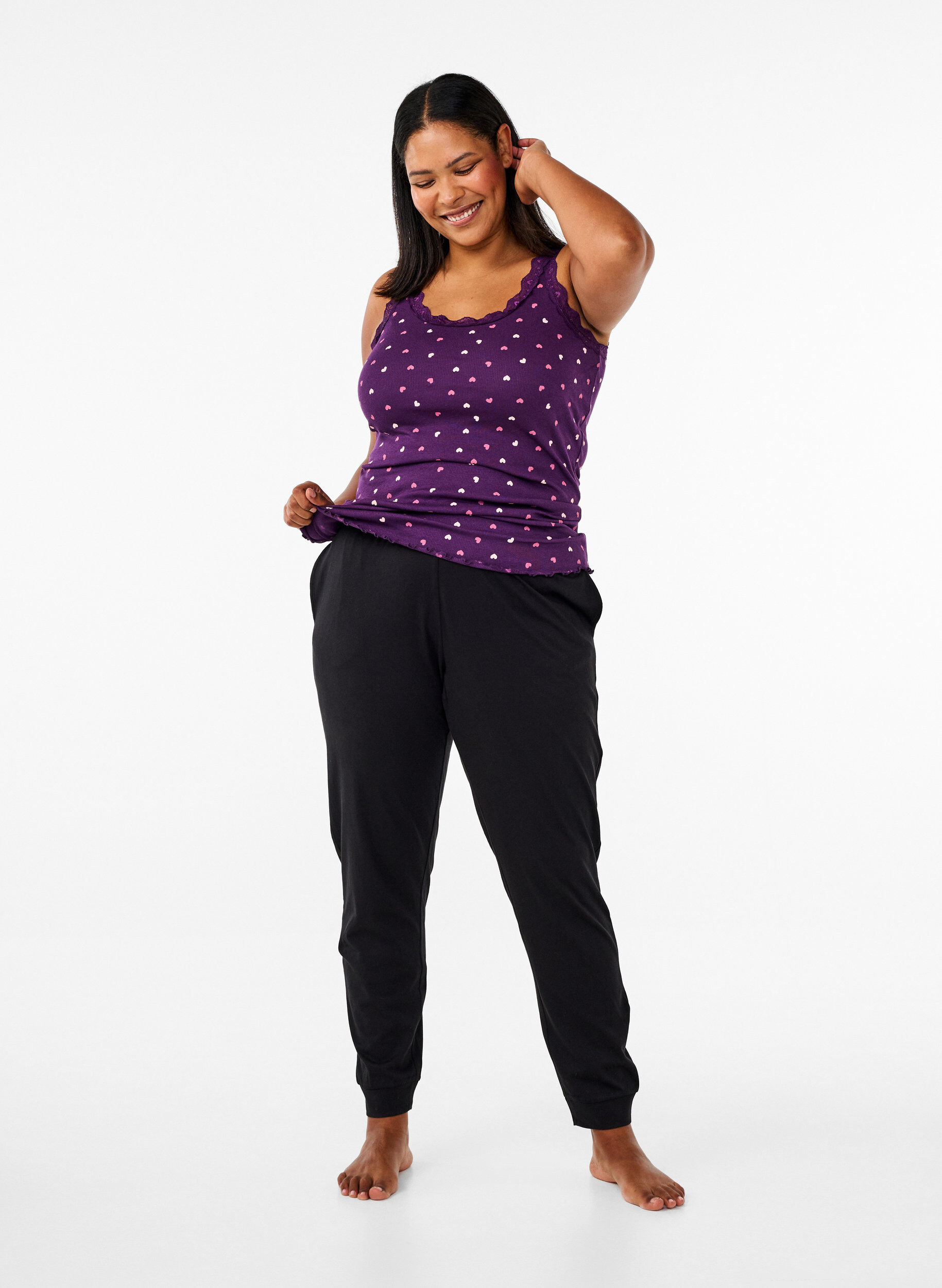 Zizzifashion Top with print and lace edge, Purple, Model image number 1