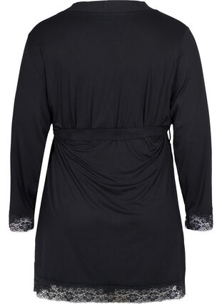 Viscose dressing gown with lace, Black, Packshot image number 1