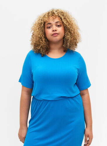 T-shirt in viscose with rib structure, Ibiza Blue, Model image number 0