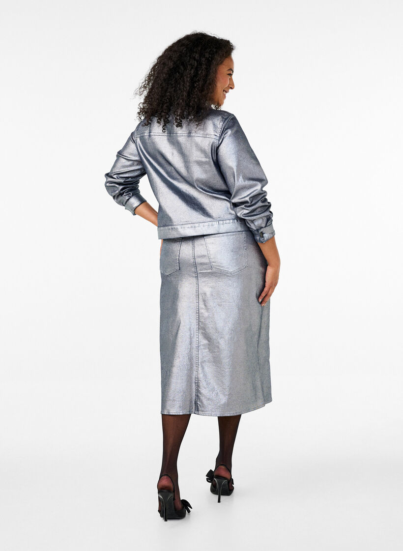 Silver coated midi skirt, Gun Sliver, Model image number 1