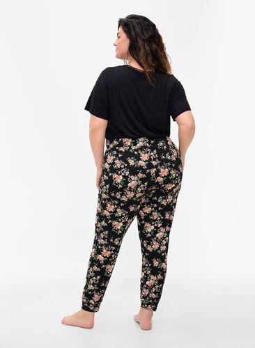 Cotton night trousers with floral print, Black Flower, Model image number 1