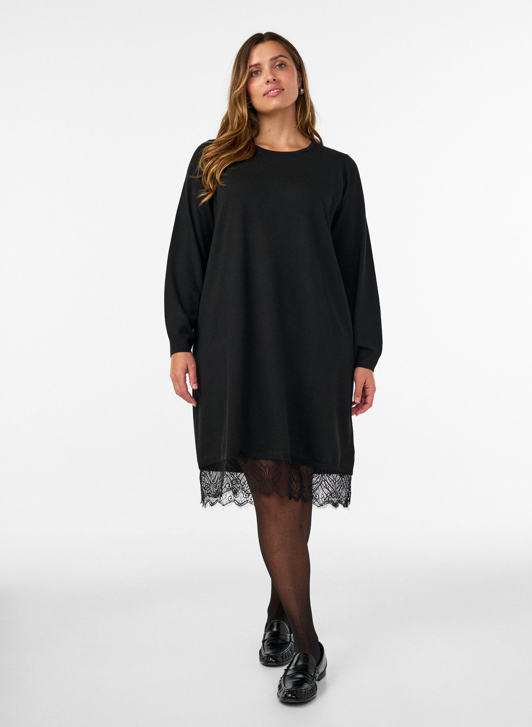 ZizzifashionShort knitted dress with lace hem, Black, Model image number 1