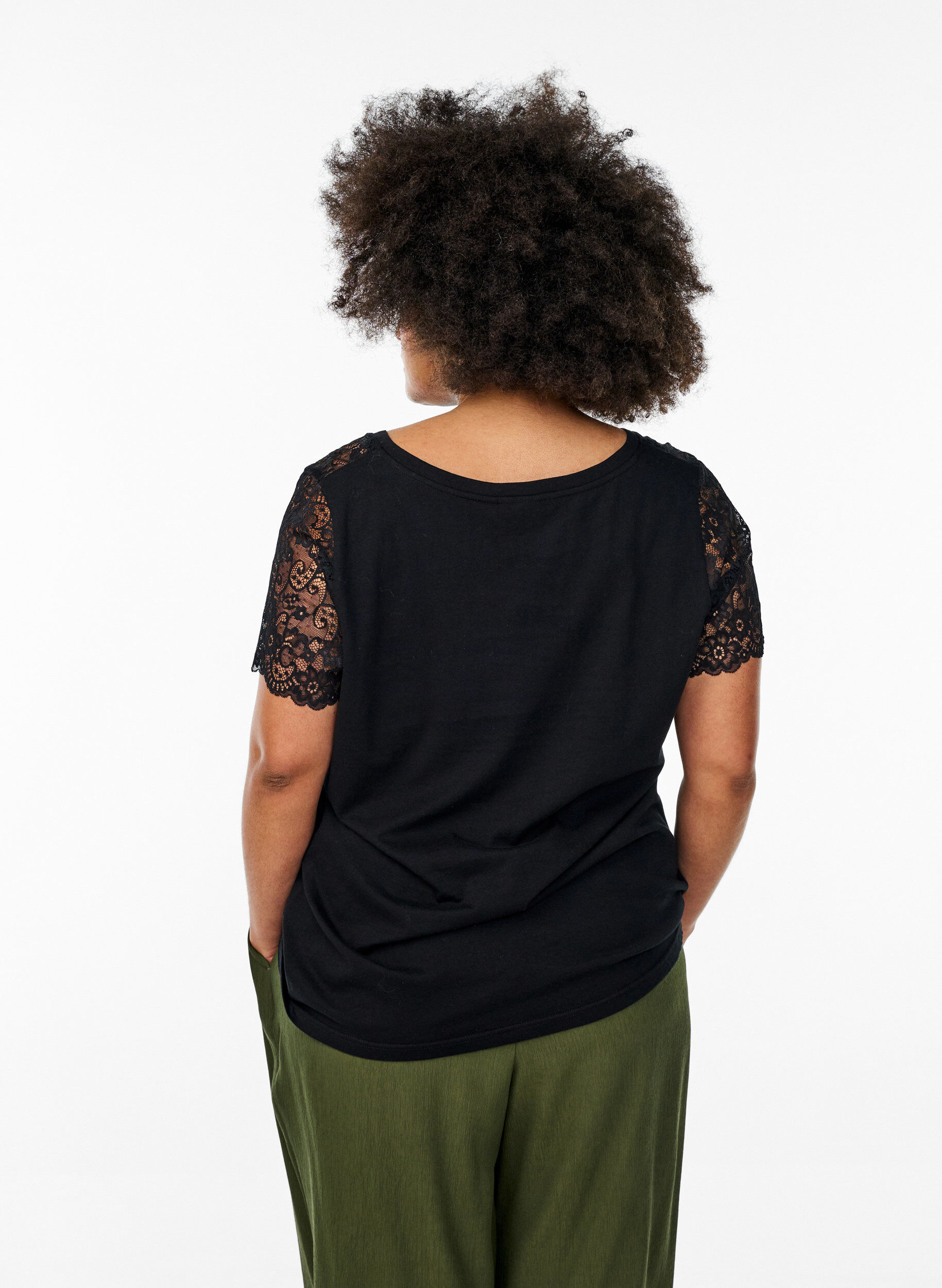 Zizzifashion Cotton T-shirt with short lace sleeves, Black, Model image number 2