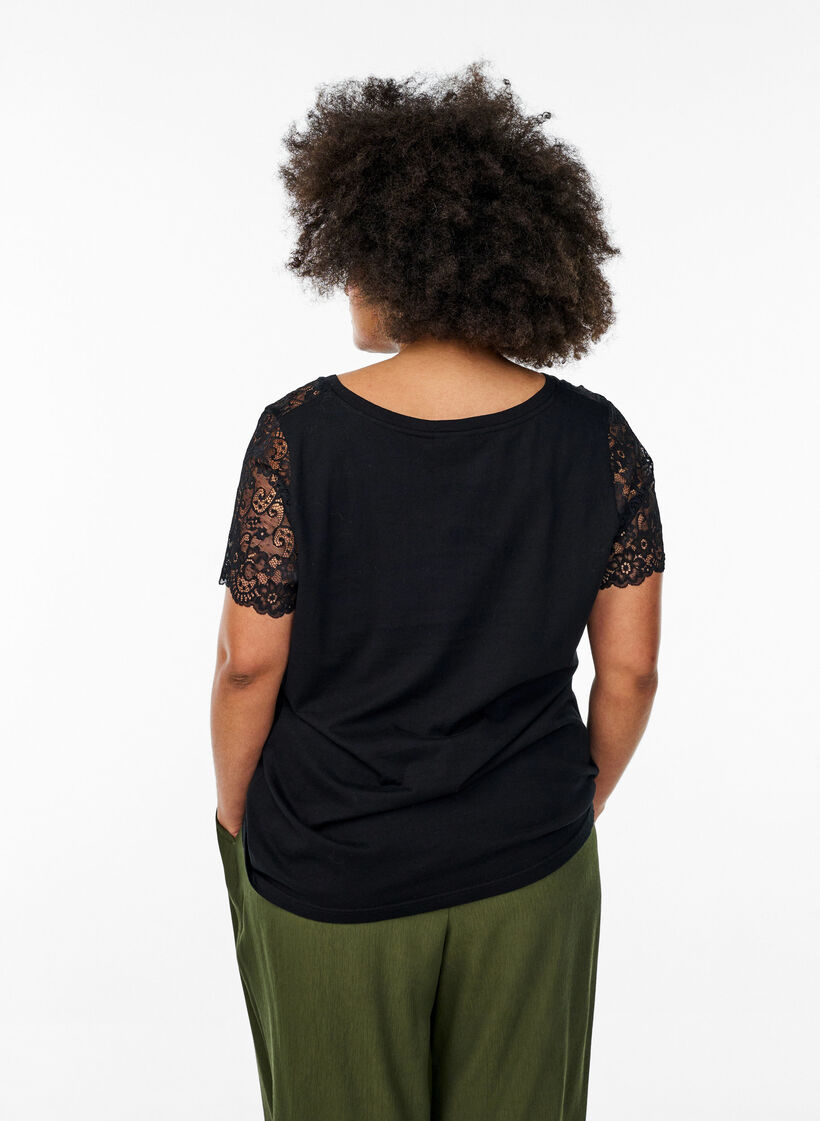 Cotton t-shirt with short lace sleeves, Black, Model image number 2
