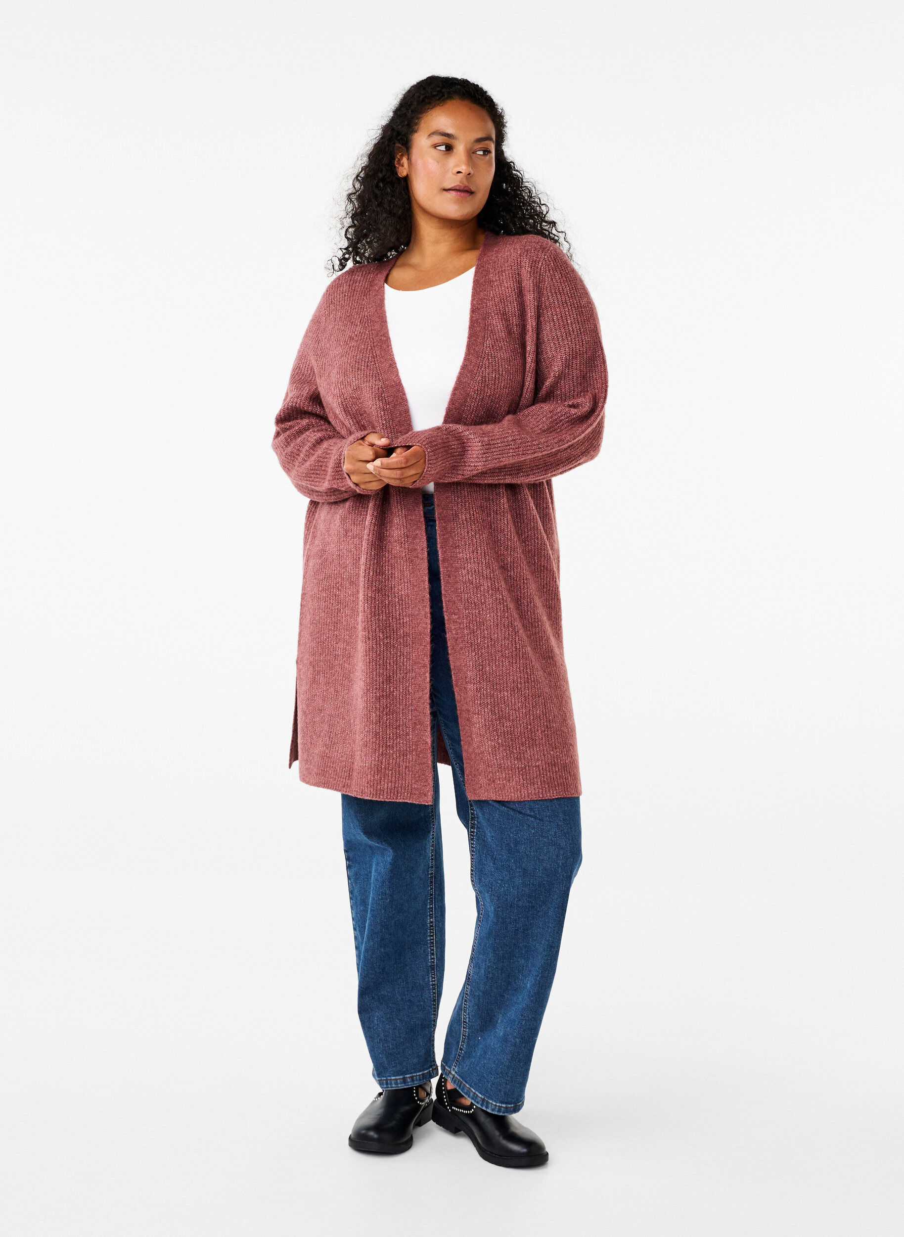Zizzifashion FLASH - Ribbed cardigan with slits, Rose Brown Melange, Model image number 2