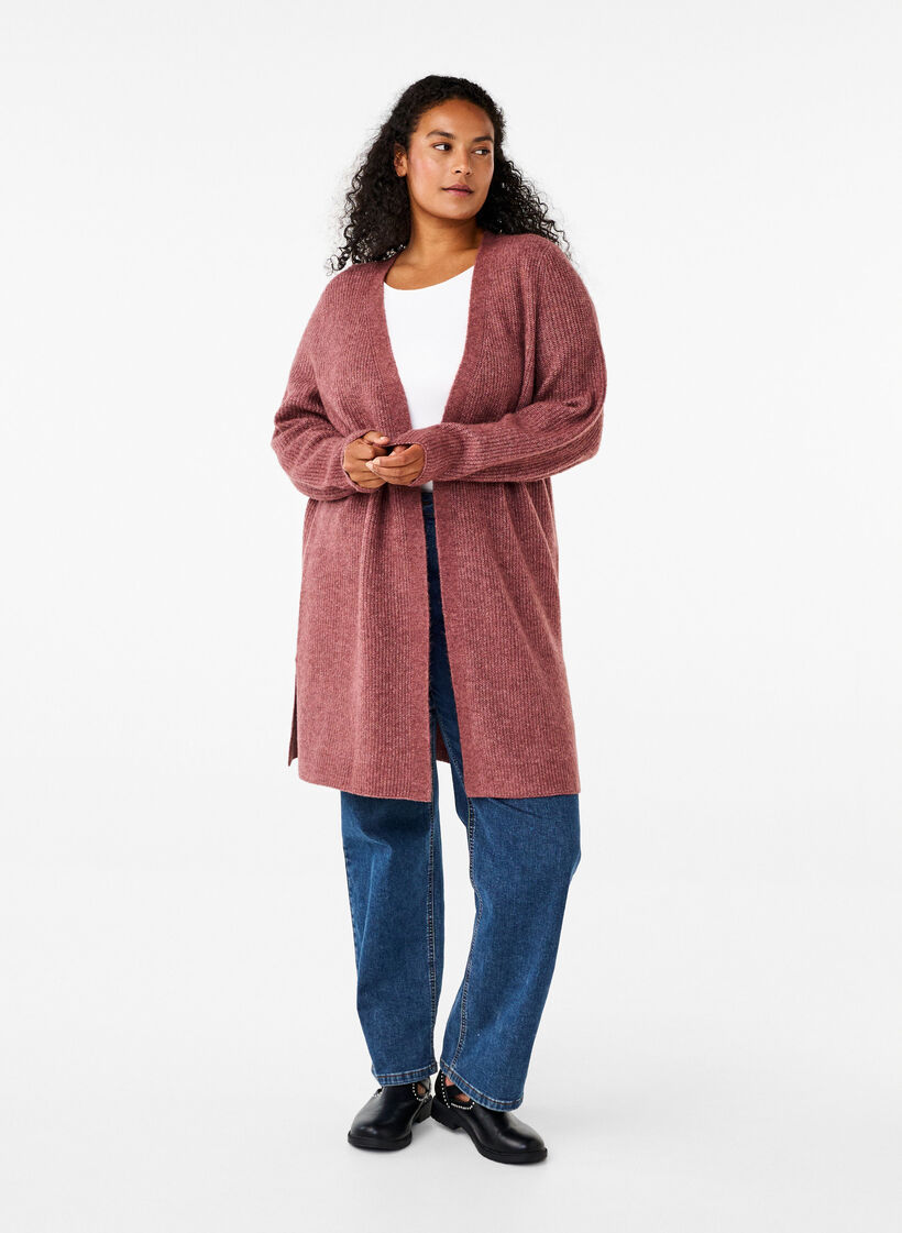 FLASH - Ribbed cardigan with slits, Rose Brown Melange, Model image number 2