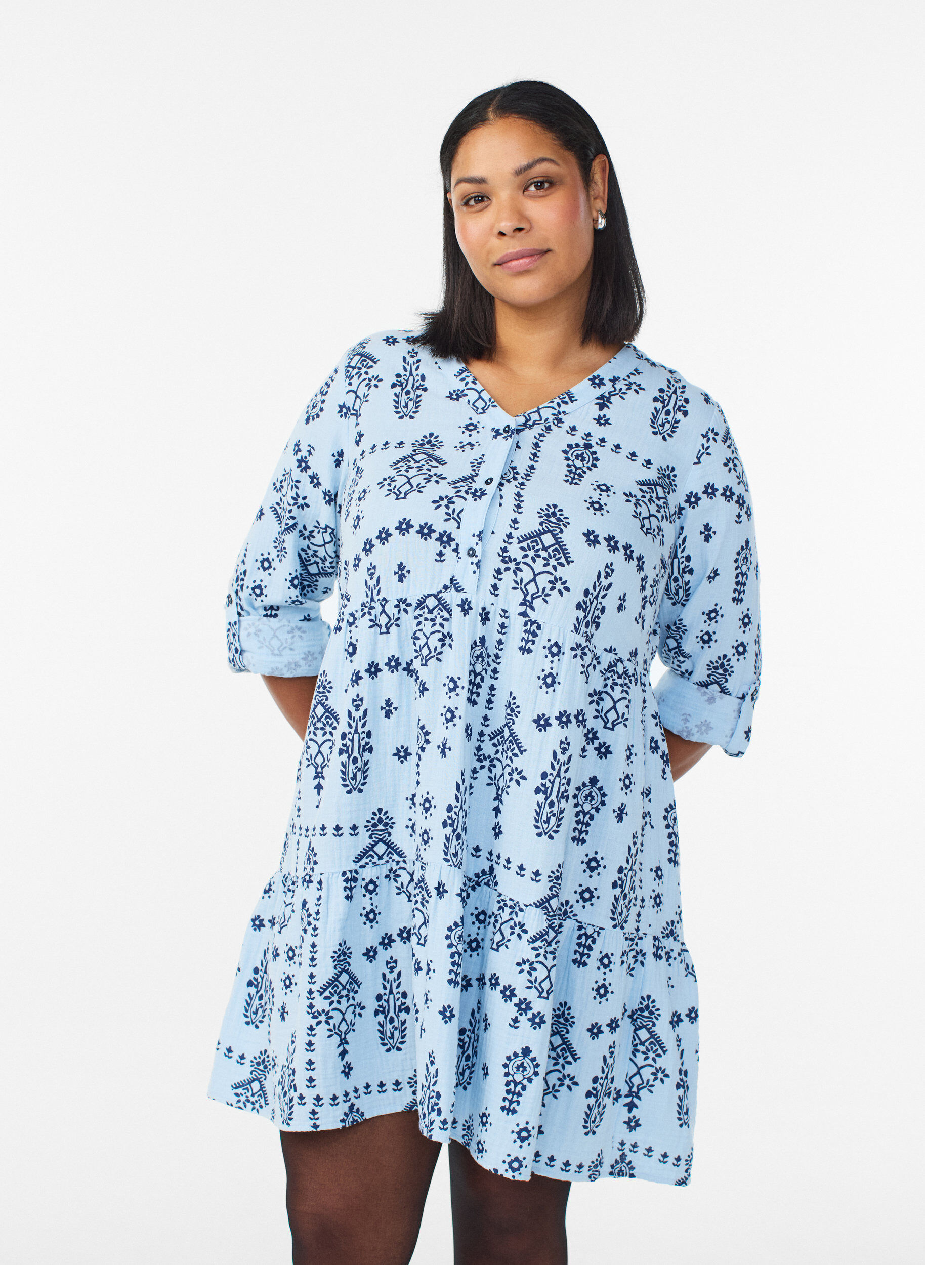 Short dress in patterned cotton muslin, Light Blue, Model