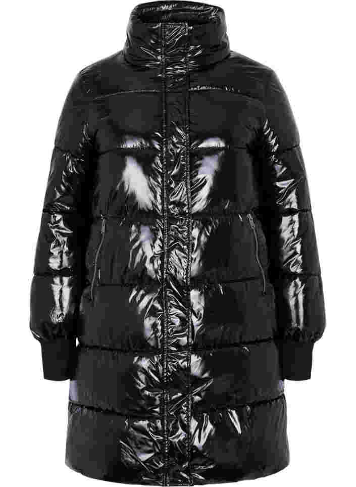 Shiny winter jacket with zip and button closure, Black, Packshot image number 0