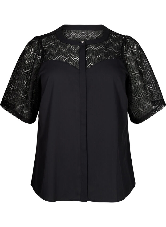 Shirt blouse with short lace sleeves, Black, Packshot image number 0