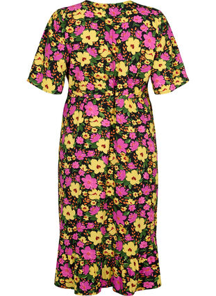 Printed wrap dress with short sleeves , Yellow Pink Flower, Packshot image number 1