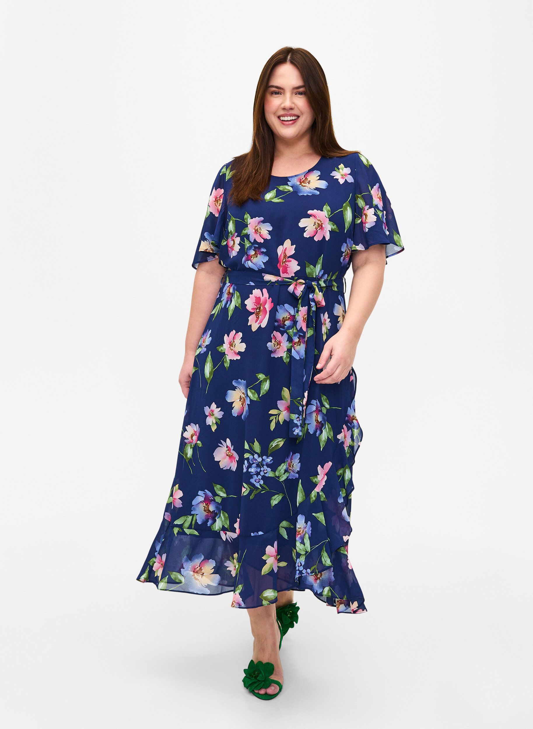 Zizzifashion Short sleeve midi dress with floral print, Blueprint Flower AOP, Model image number 0