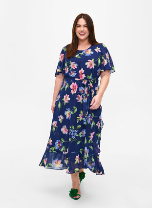 Short sleeve midi dress with floral print, Blueprint Flower AOP, Model image number 0