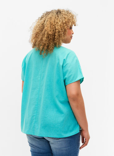 Short-sleeved blouse in cotton blend with linen, Turquoise, Model image number 1