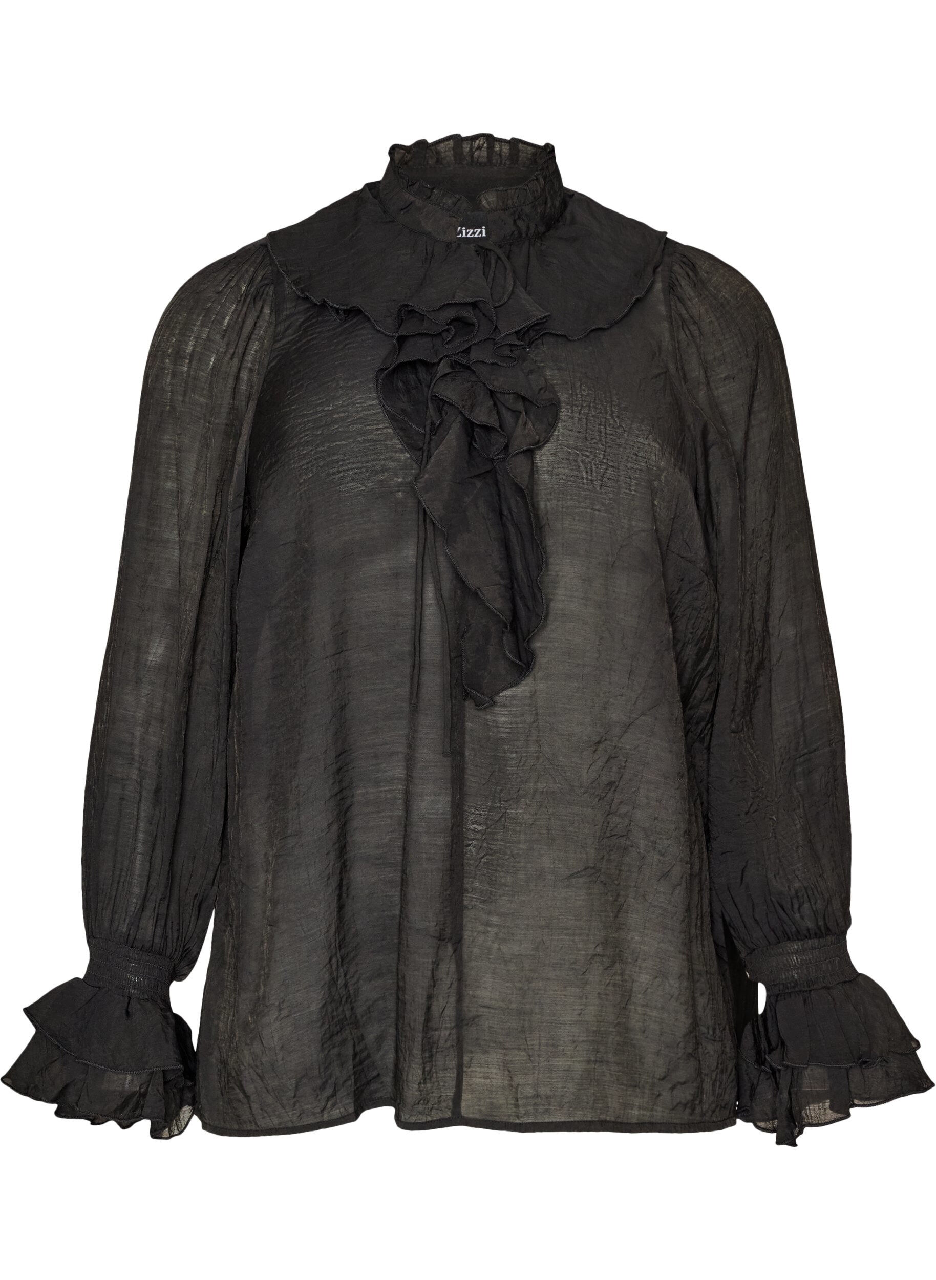 ZizzifashionViscose blouse with ruffles and long sleeves, Black, Packshot image number 0
