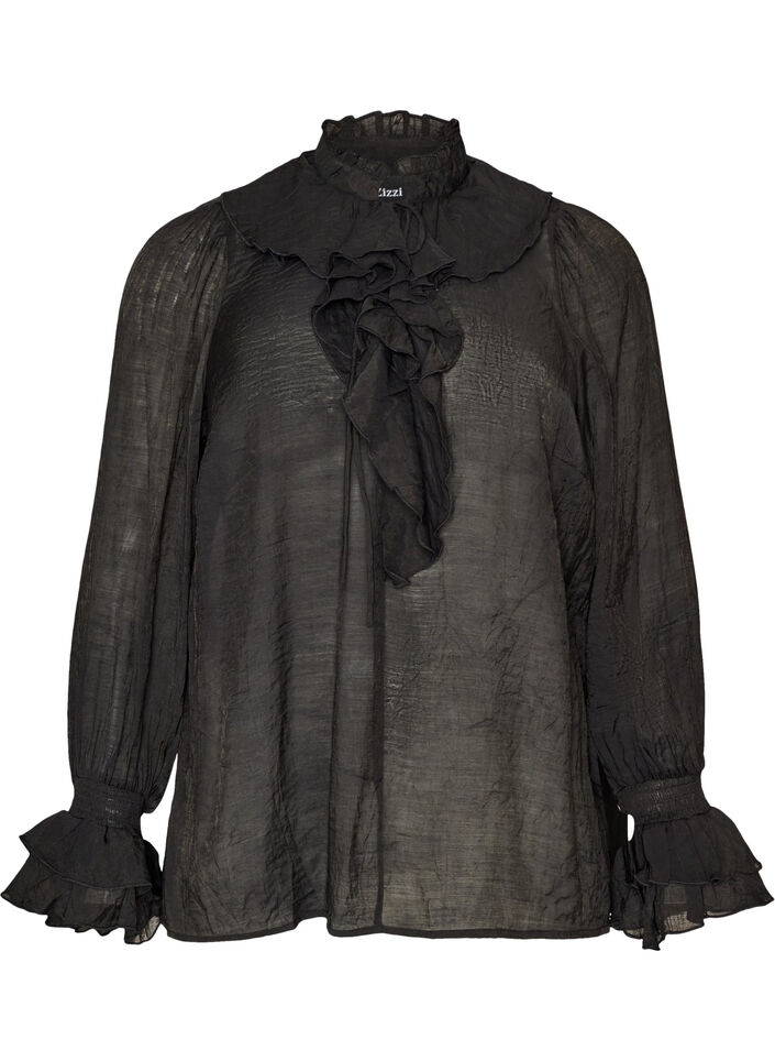 Viscose blouse with ruffles and long sleeves, Black, Packshot image number 0