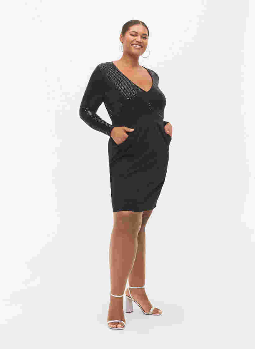 Tight-fitting dress with glitter structure, Black, Model image number 4