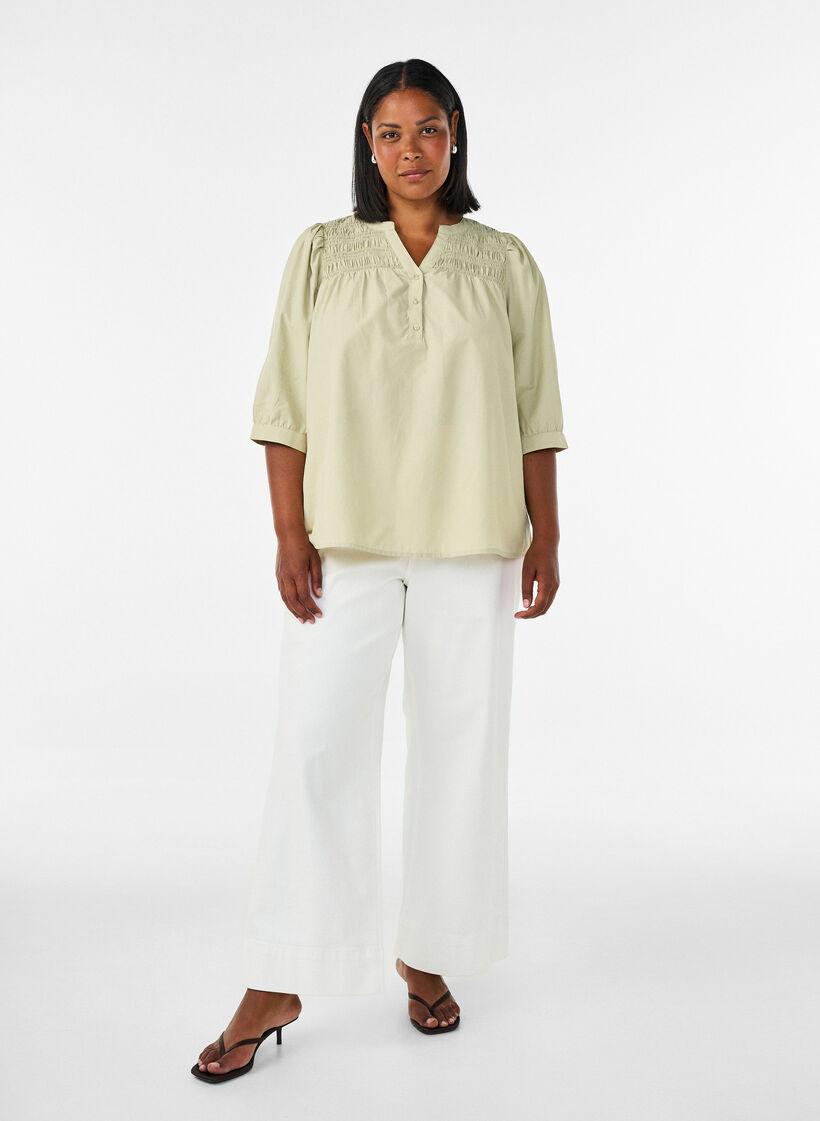 Blouse with smock and 3/4 sleeves, Green, Model image number 1