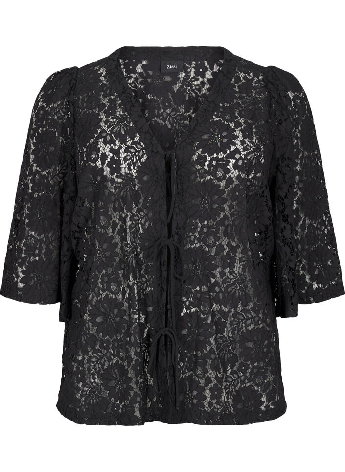 Lace blouse with 3/4 sleeves and bows on the front, Black, Packshot image number 0