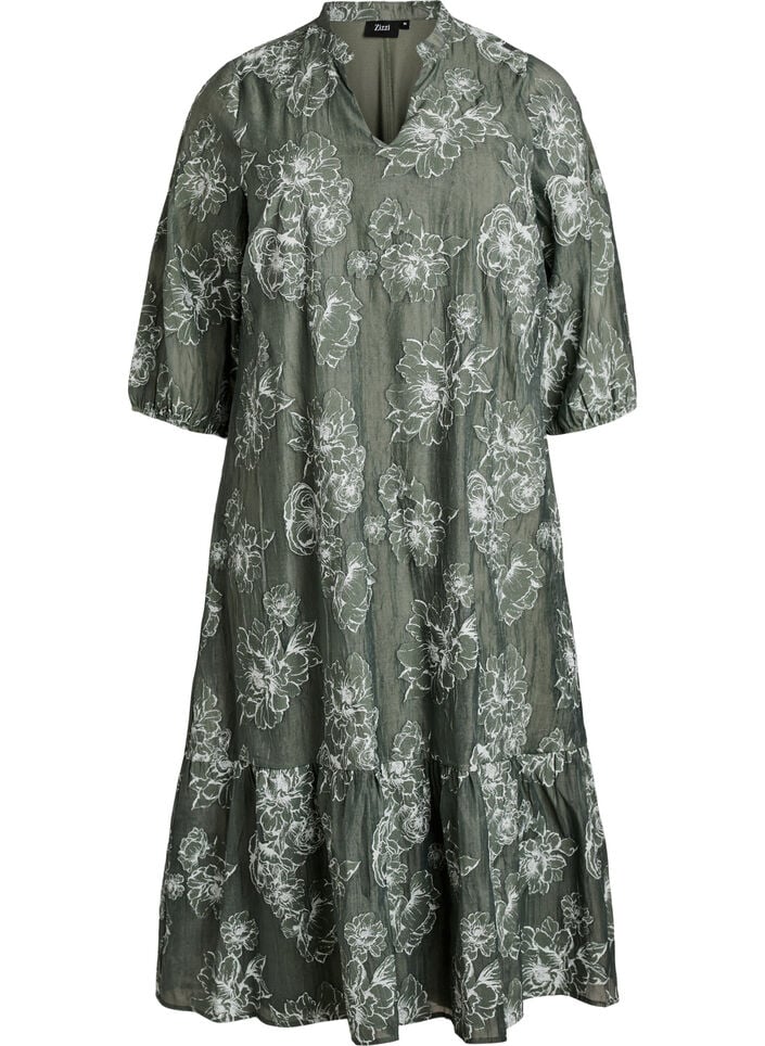 Midi dress with a floral print and sheer 3/4 sleeves, Green, Packshot
