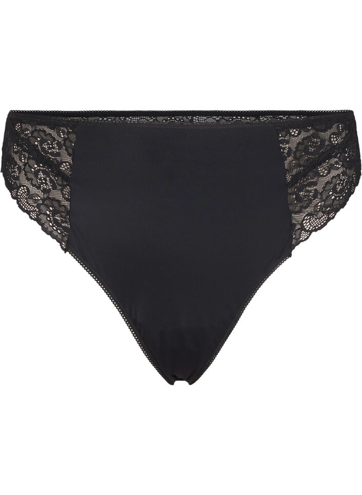 Microfibre G-string with lace, Black, Packshot image number 0