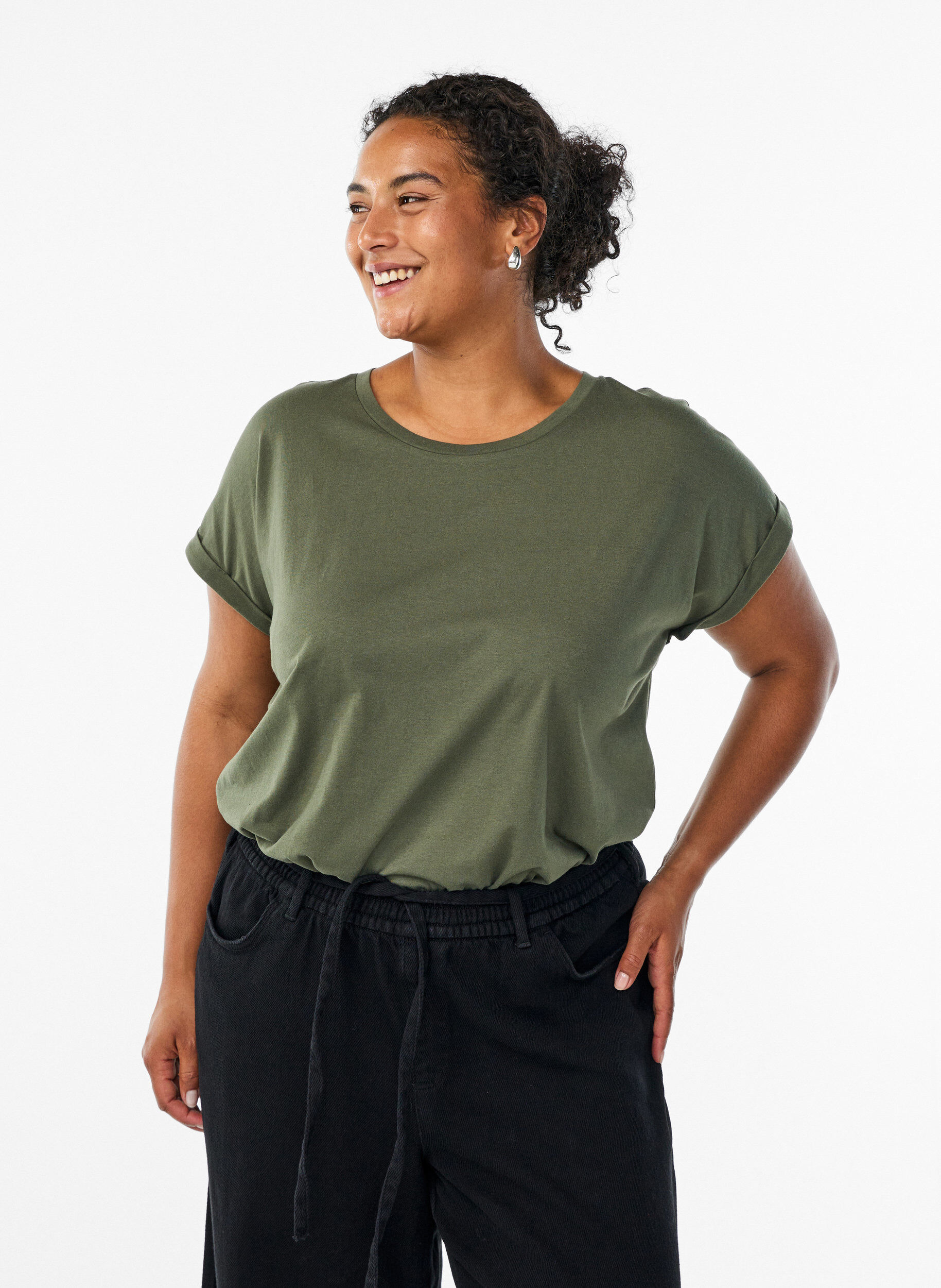 Short sleeve cotton blend T-shirt, Green, Model