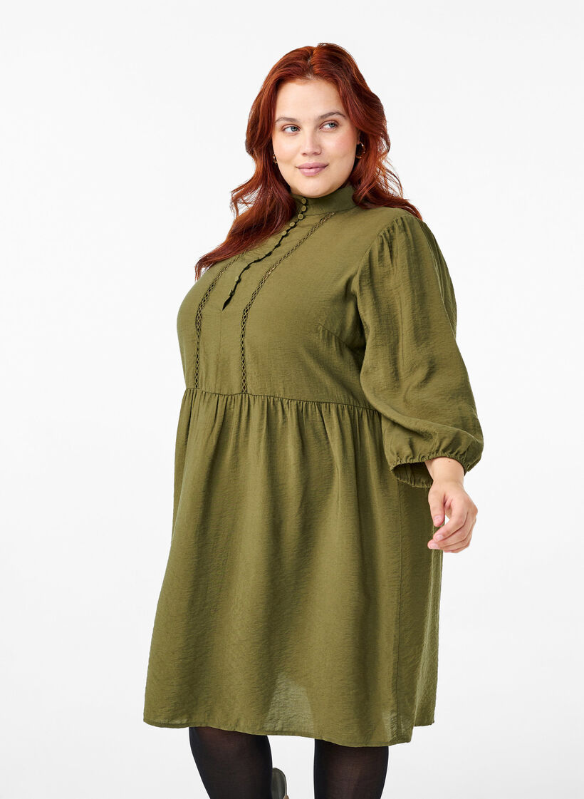 Knee-length dress with embroidery and 3/4 sleeves, Winter Moss, Model image number 0