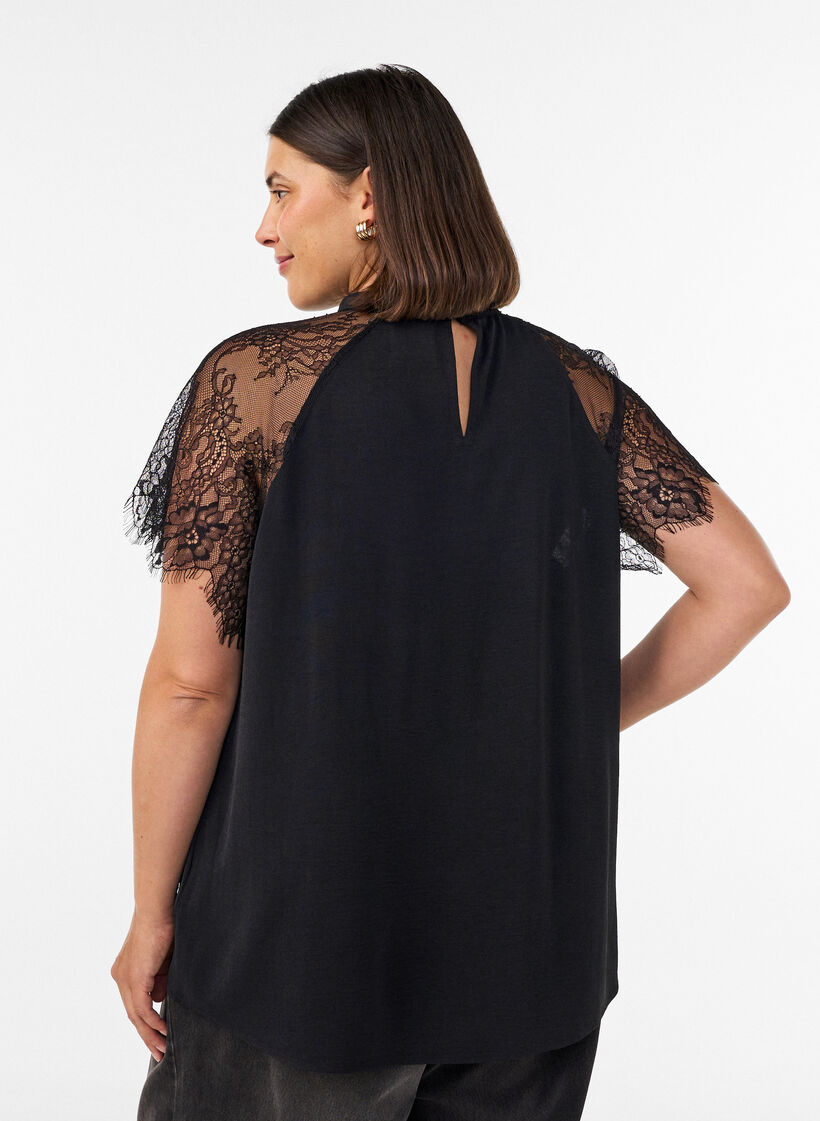 Blouse with short lace sleeves and high neck, Black, Model image number 2