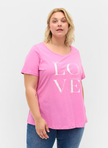 Short-sleeved cotton t-shirt with print, Cyclamen LOVE, Model image number 0