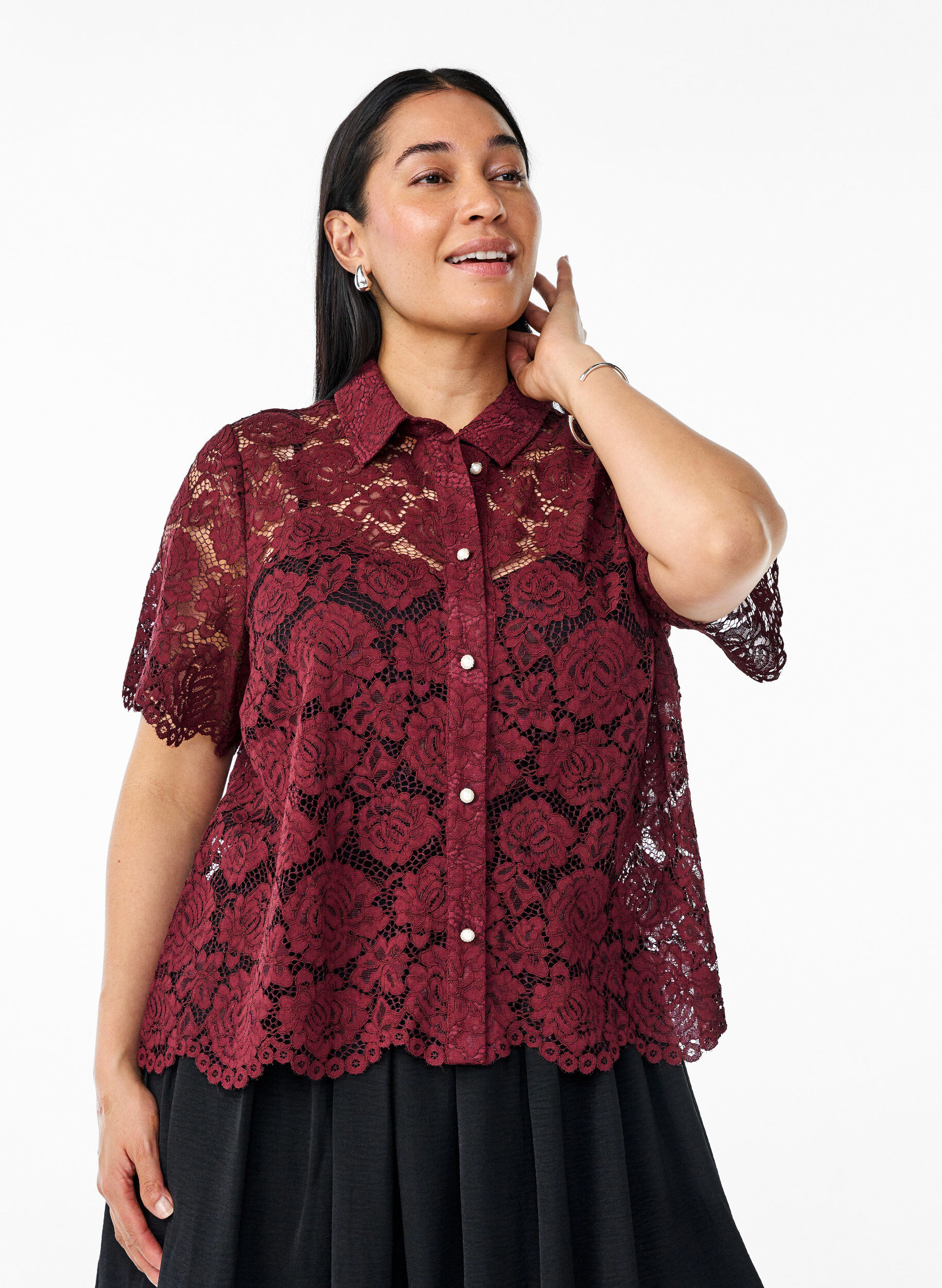 Zizzifashion Lace shirt blouse with pearl buttons, Dark Bordeaux, Model image number 0