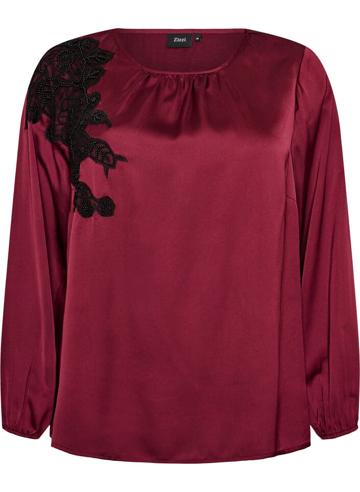 Satin blouse with lace appliqu&eacute; and pearls, Red, Packshot image number 0
