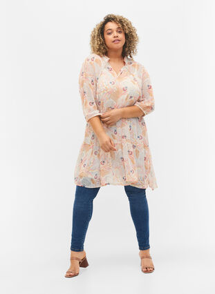 Tunic with floral print and lurex, Yellow/Pink AOP, Model image number 2