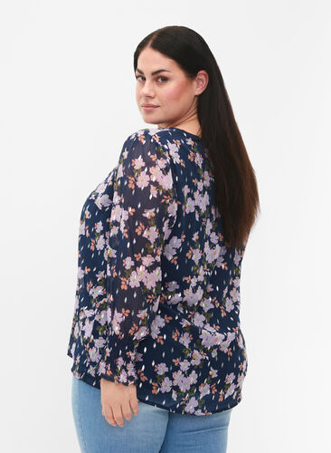 Floral blouse with long sleeves and v neck, Blue Small Fl. AOP, Model image number 1