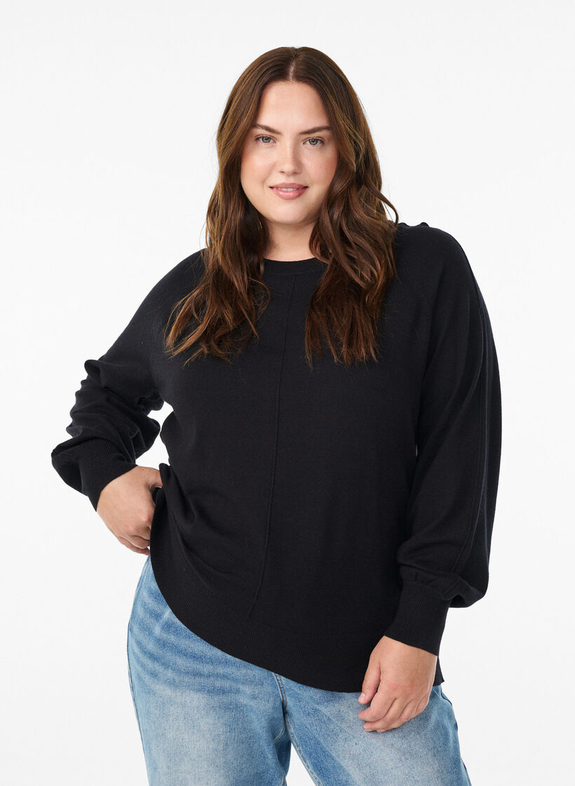 Knit blouse with centre seam and raglan sleeves, Black, Model image number 0