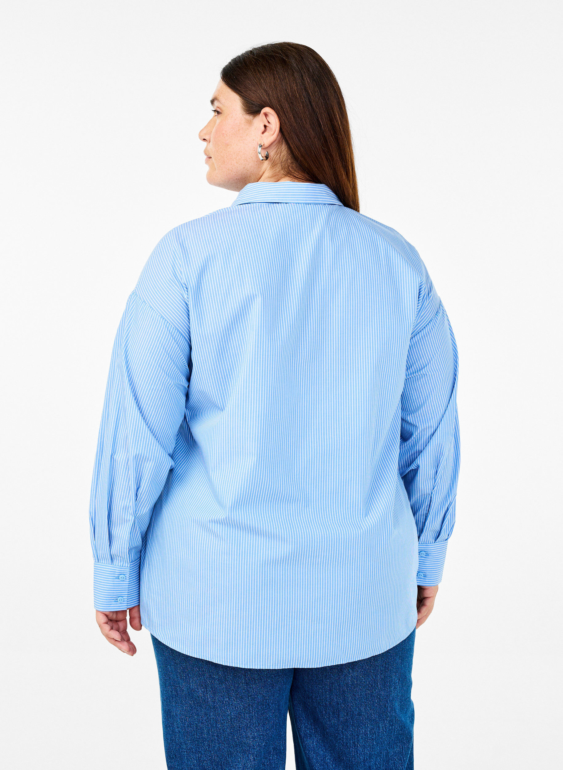 Zizzifashion Loose long-sleeved shirt with stripes, Light Blue, Model image number 2