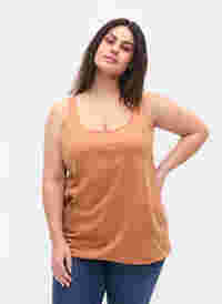 Block coloured cotton top with elastic along the bottom, Pecan Brown, Model